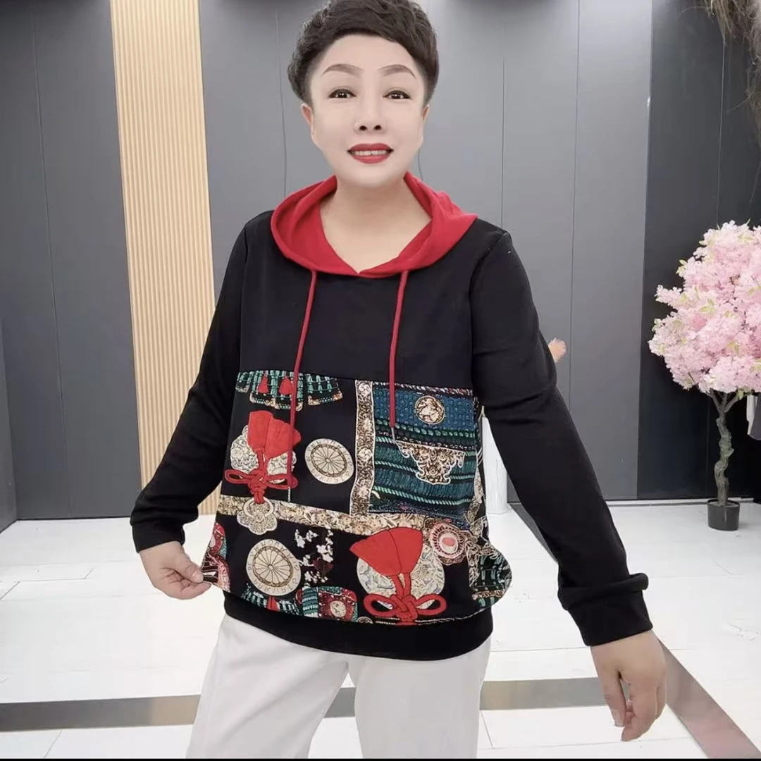 1028#时尚大码撞色拼接女士洋气春季休闲印花宽松连帽长袖上衣衫