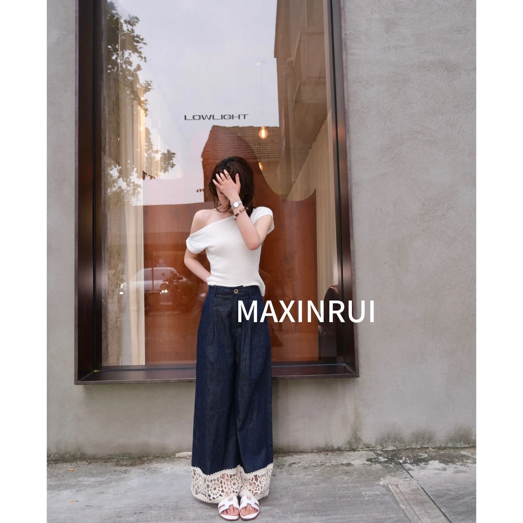 MAXINRUI 【刺绣钩花薄牛】刺绣钩花裤边九分直筒牛仔裤女RRK25179