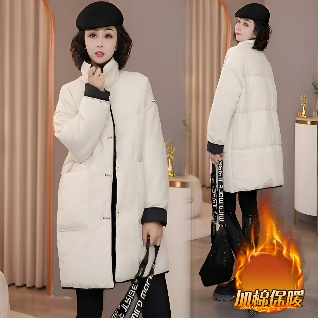 欧洲站格子撞色棉服女冬季新款中长款棉衣上衣复古两面穿加厚外套