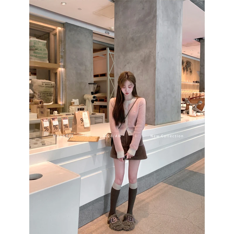 萌萌Ja」玲娜贝儿 特种针织工艺小众粉色毛衣女软糯撞色毛绒开衫