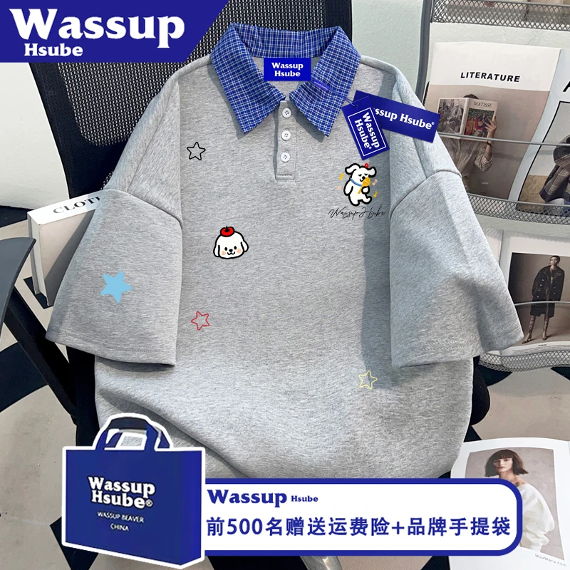 WASSUP HSUBE国潮美式POLO衫短袖纯棉休闲男女2025夏季圆领T恤