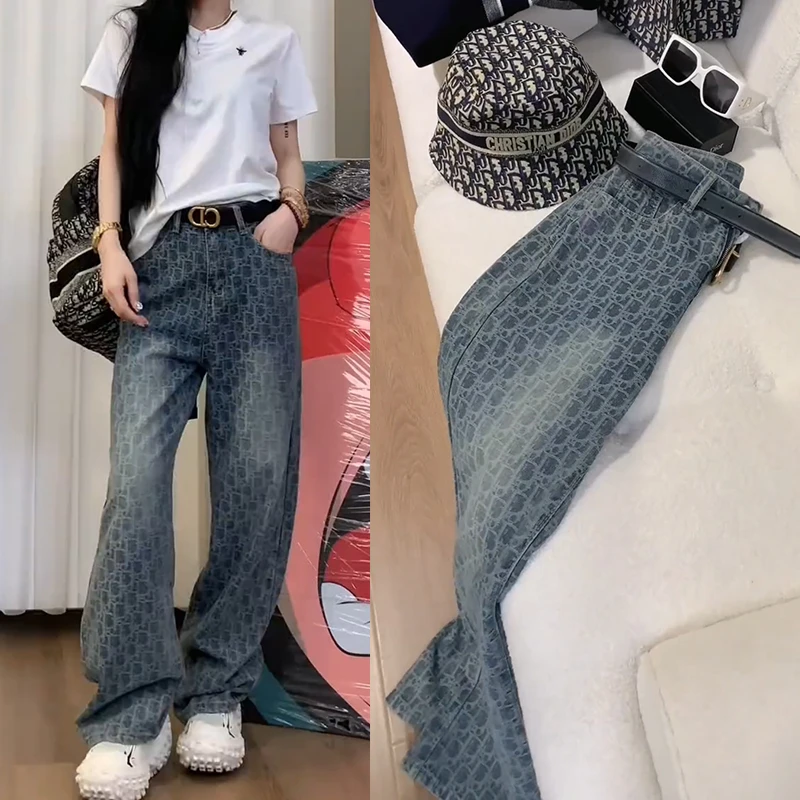 高端提花牛仔裤女同款设计感美式春秋新款复古直筒宽松阔腿裤子