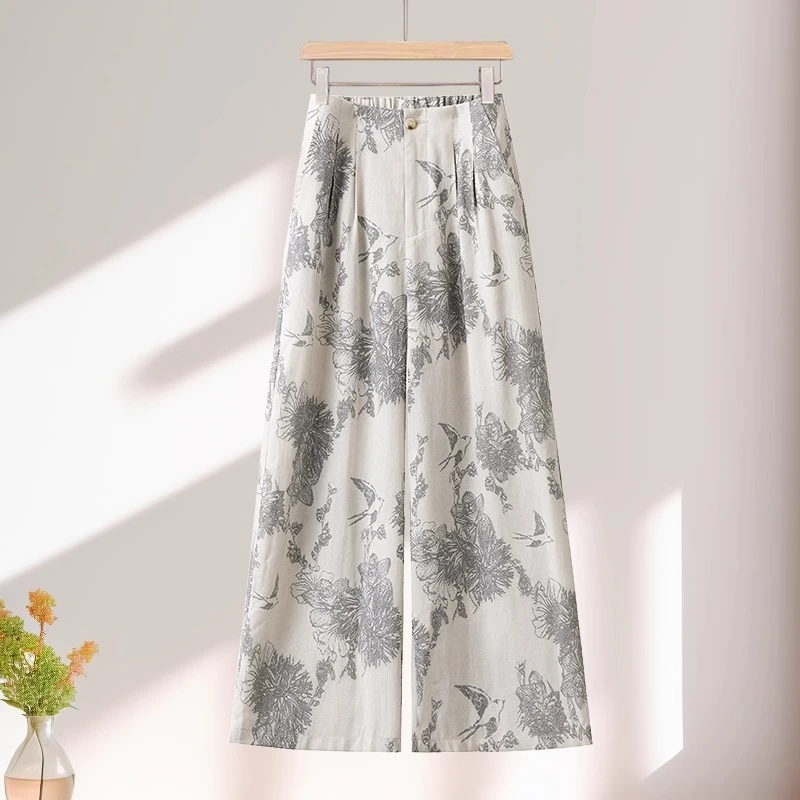 冰丝印花凉凉阔腿裤女士夏季薄款2025新款高腰显瘦垂感九分直筒裤