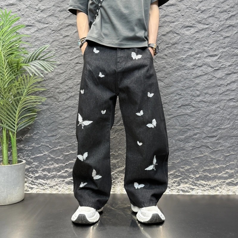 2025新款男士刺绣蝴蝶纯色黑色弯刀阔脚牛仔初秋穿搭男士蓝色小脚