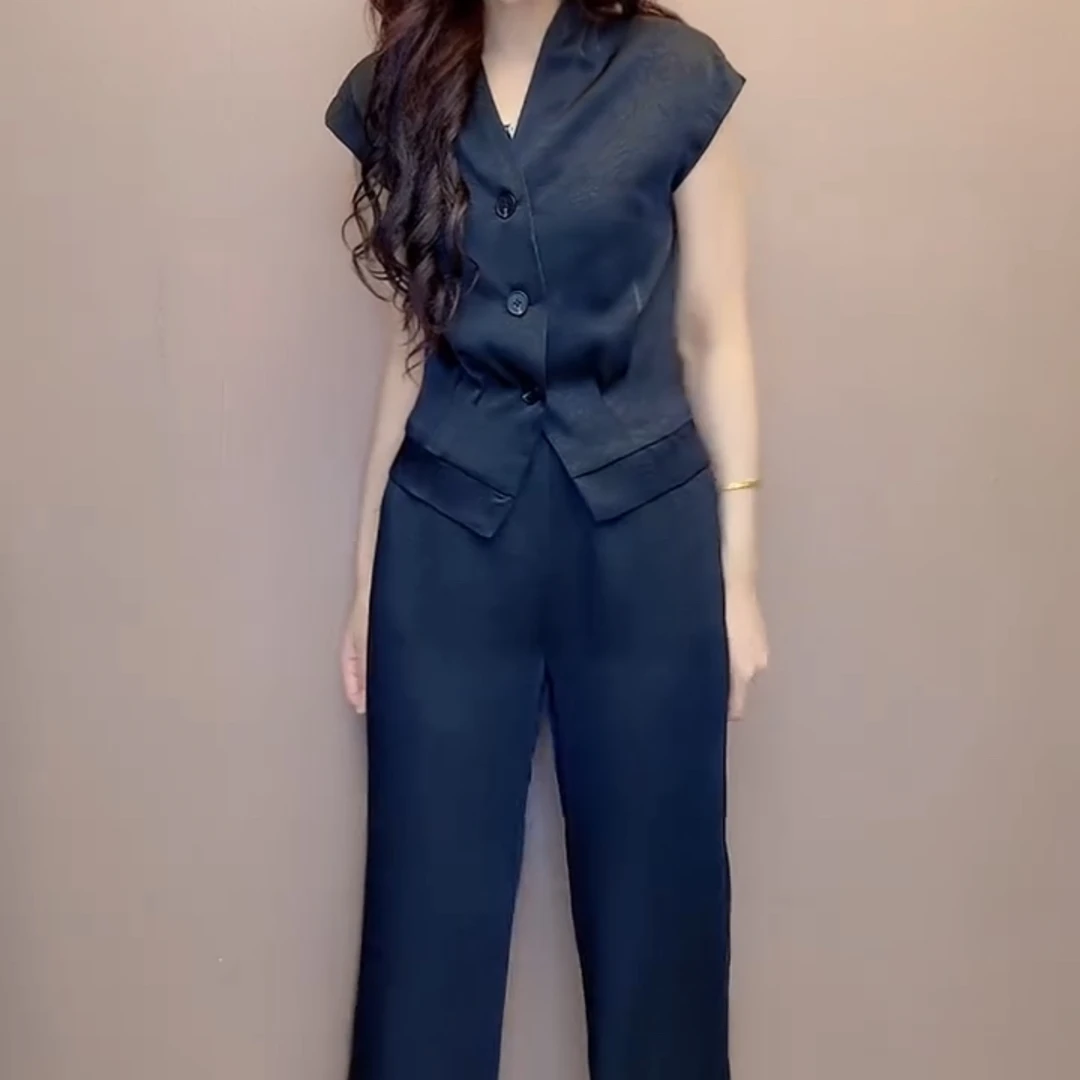 夏季极简松弛老钱风女士上衣搭配高腰阔腿裤套装