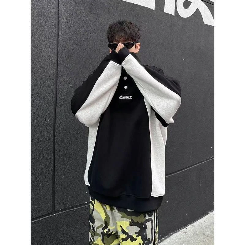 春秋季新款国潮立领拼接重磅高级男卫衣撞色潮牌复古情侣美式外套