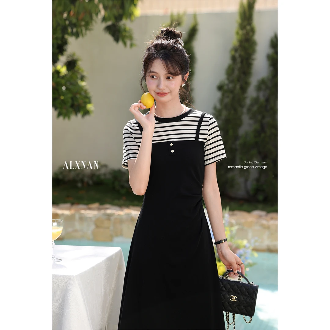 鹿向南556期「流光梦境」气质百搭黑色假两件短袖A字长裙L55763