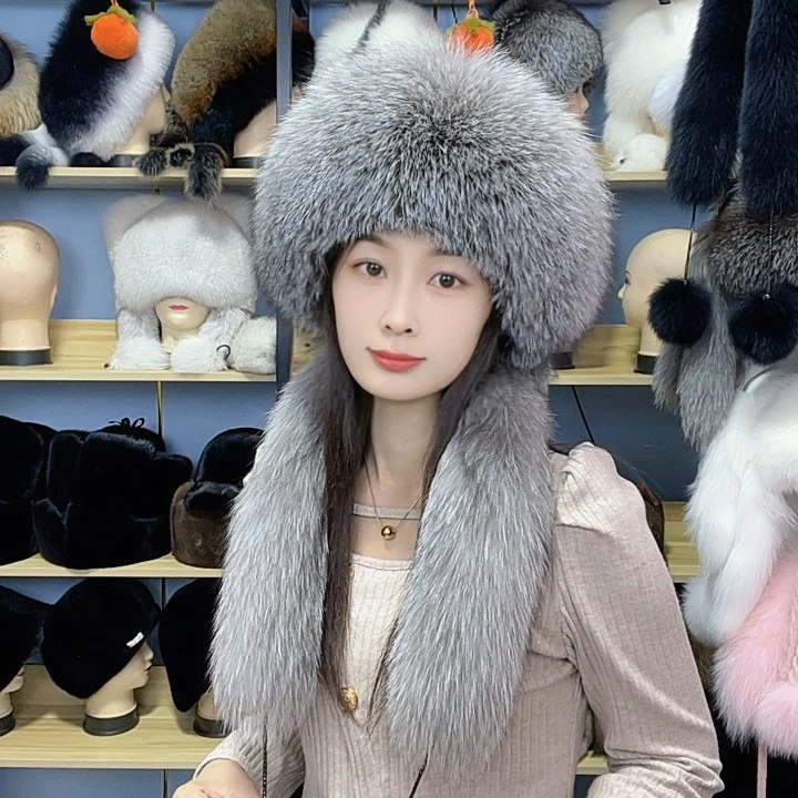 狐狸围巾帽女款兔毛帽顶秋冬季围巾帽护耳包头保百搭网红洋气英伦