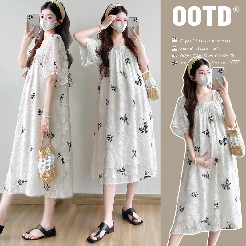 2025夏季新款时尚气质提花刺绣中长款孕妇大码连衣裙蕾丝碎花显瘦