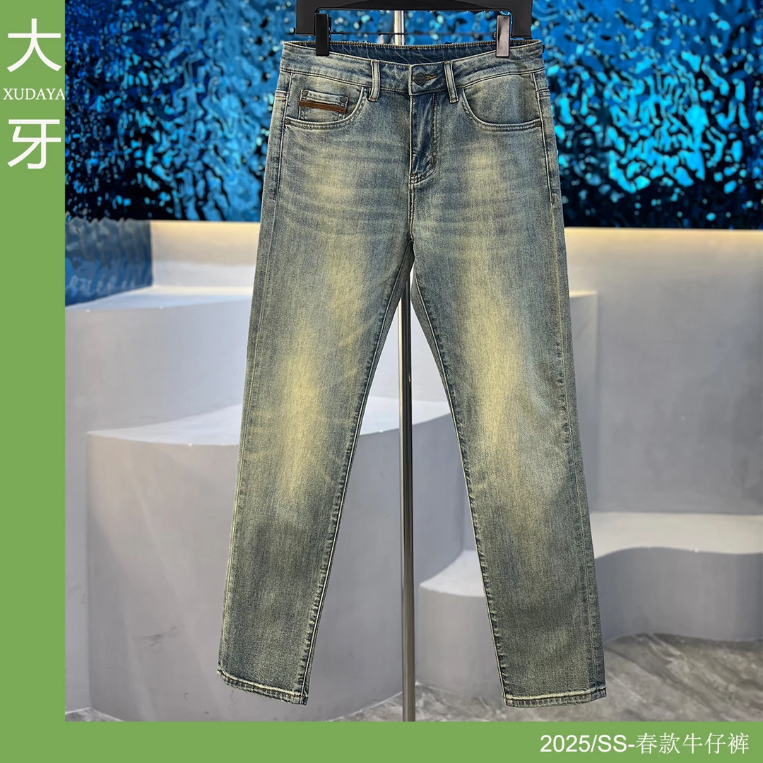 【大牙】329#浅蓝色牛仔裤男2025早春古着做旧水洗弹力修身小直筒