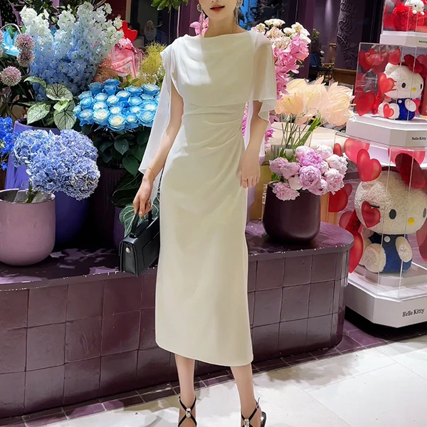 法式女神风连衣裙2025年夏季新款纯色拼接飘带圆领开叉高腰修身裙