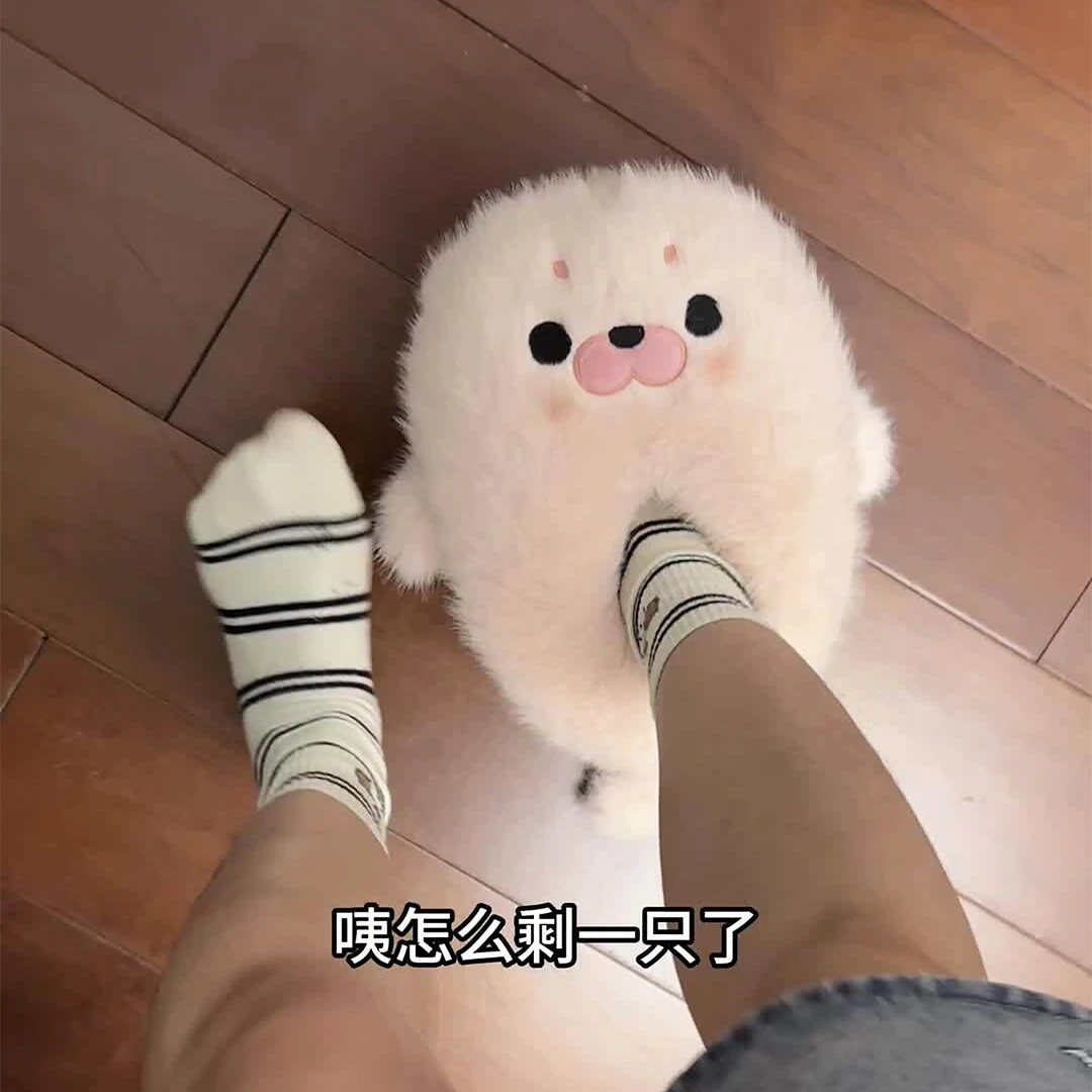 可爱海豹毛毛棉拖鞋女居家室内外穿厚底防滑舒适保暖学生全包拖