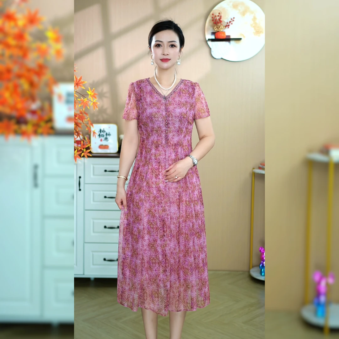 2025夏季新款连衣裙中长裙印花显瘦宽松长裙短袖款洋气时尚