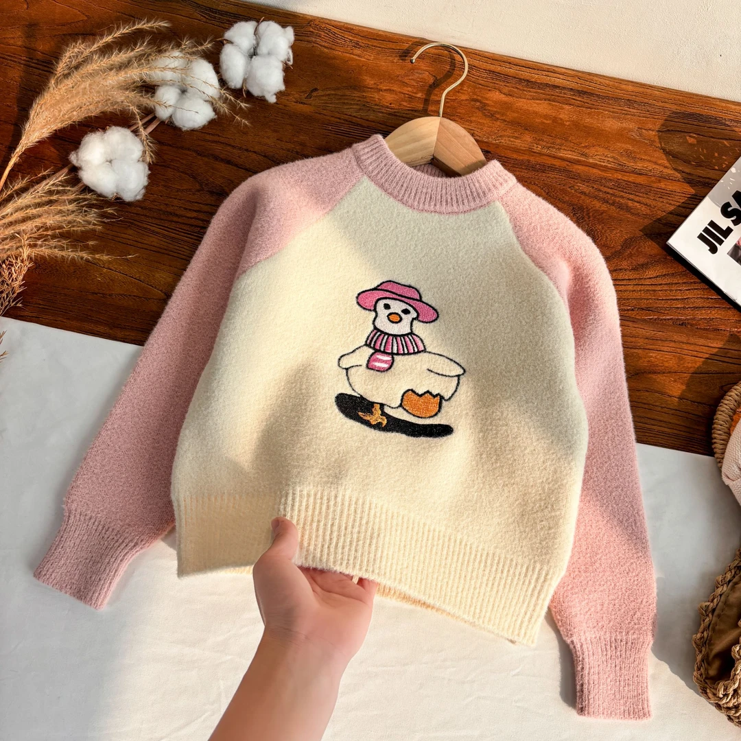 女童拼色毛衣2024冬新款韩版洋气加厚甜美女孩卡通卡通打底针织衫