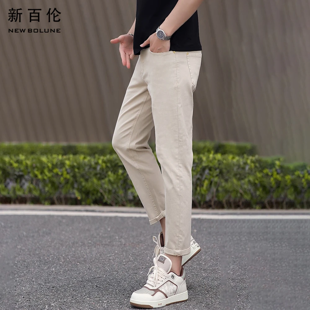 新百伦秋季浅咖色牛仔裤男2025新款百搭修身小直筒男款九分裤子潮
