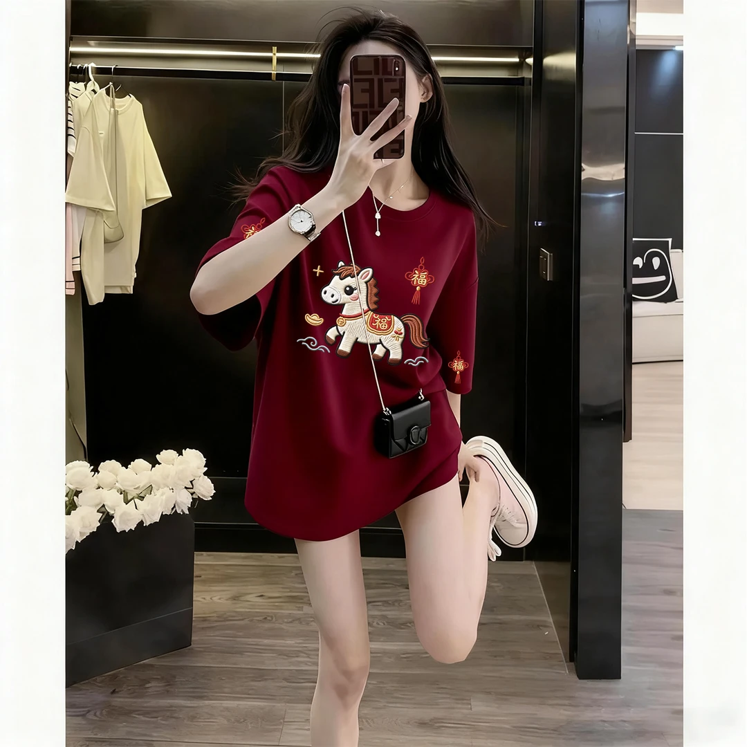 仿刺绣红色喜庆潮流洋气小马休闲宽松圆领百搭大码显瘦短袖t恤