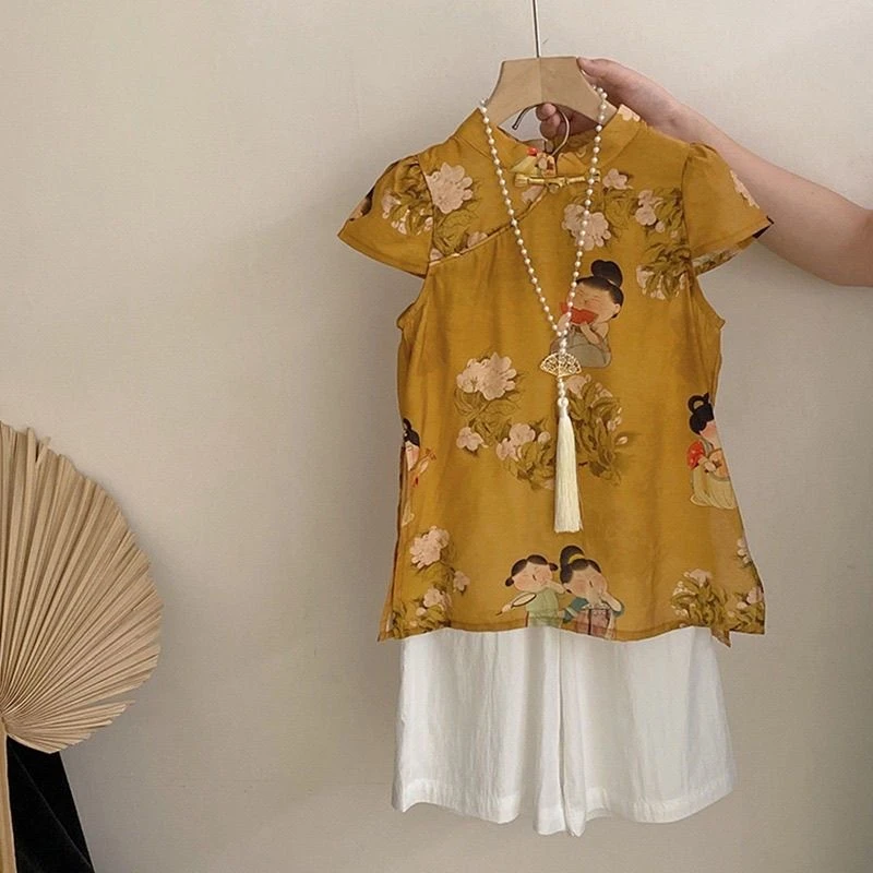 女童复古旗袍裙2025夏装气质旗袍唐装中国风裙子休闲裤潮流两件套