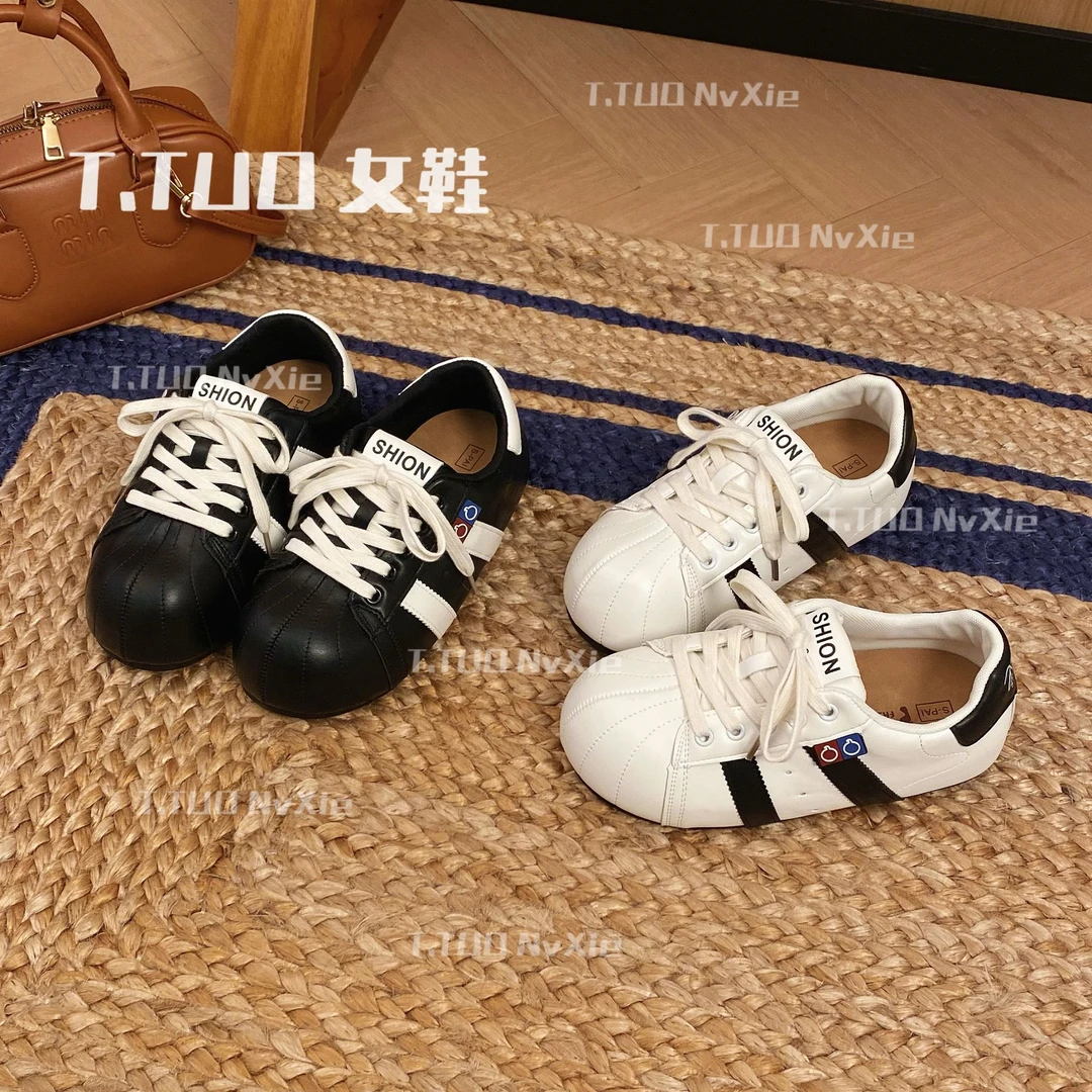 小众女鞋卡通复古休闲厚底小白鞋丑萌贝壳头女软底休闲百搭德训鞋