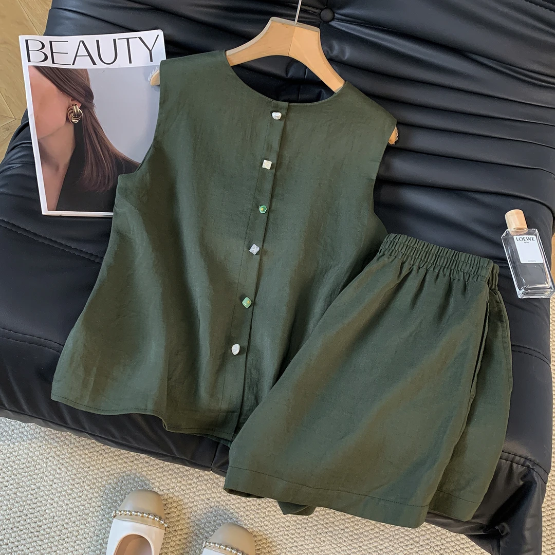 复古墨绿色无袖亚麻老钱风套装女2025夏季新高级感气质短裤两件套