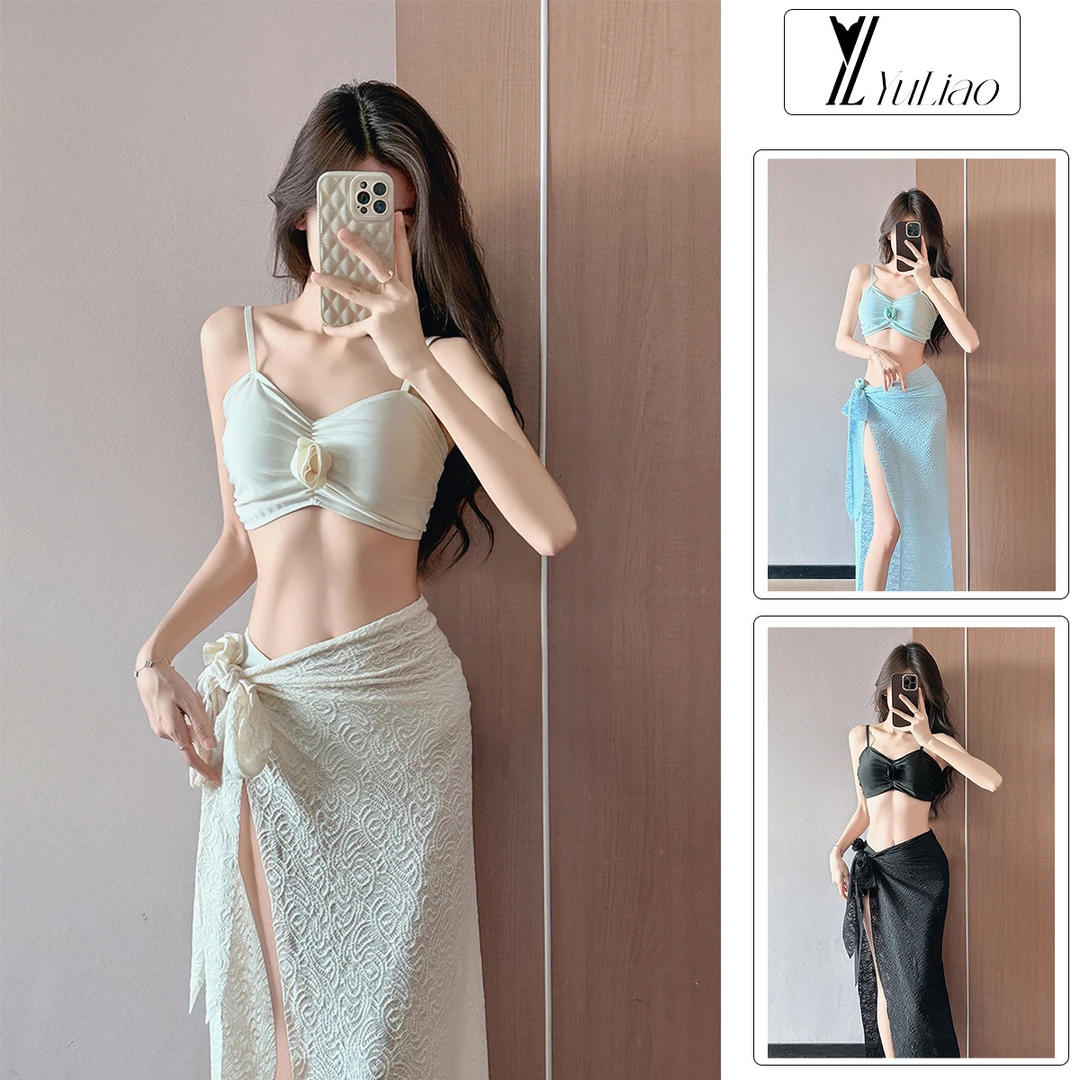 2025新款时尚网红长裙气质蕾丝夏季纯欲小胸聚拢性感开叉显瘦裙子