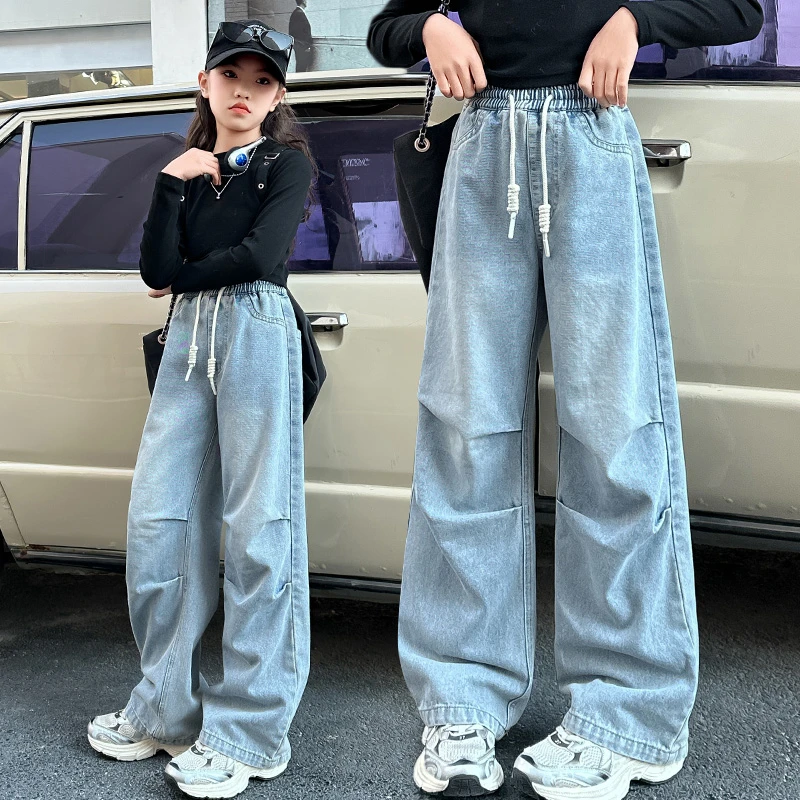 女童牛仔裤春秋大童韩版时尚宽松直筒阔腿裤春款长裤春装儿童裤子