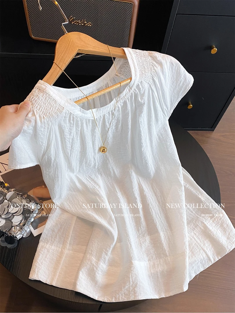 温柔风设计感小飞袖圆领亚麻衬衫女装夏季松弛感短袖宽松百搭上衣