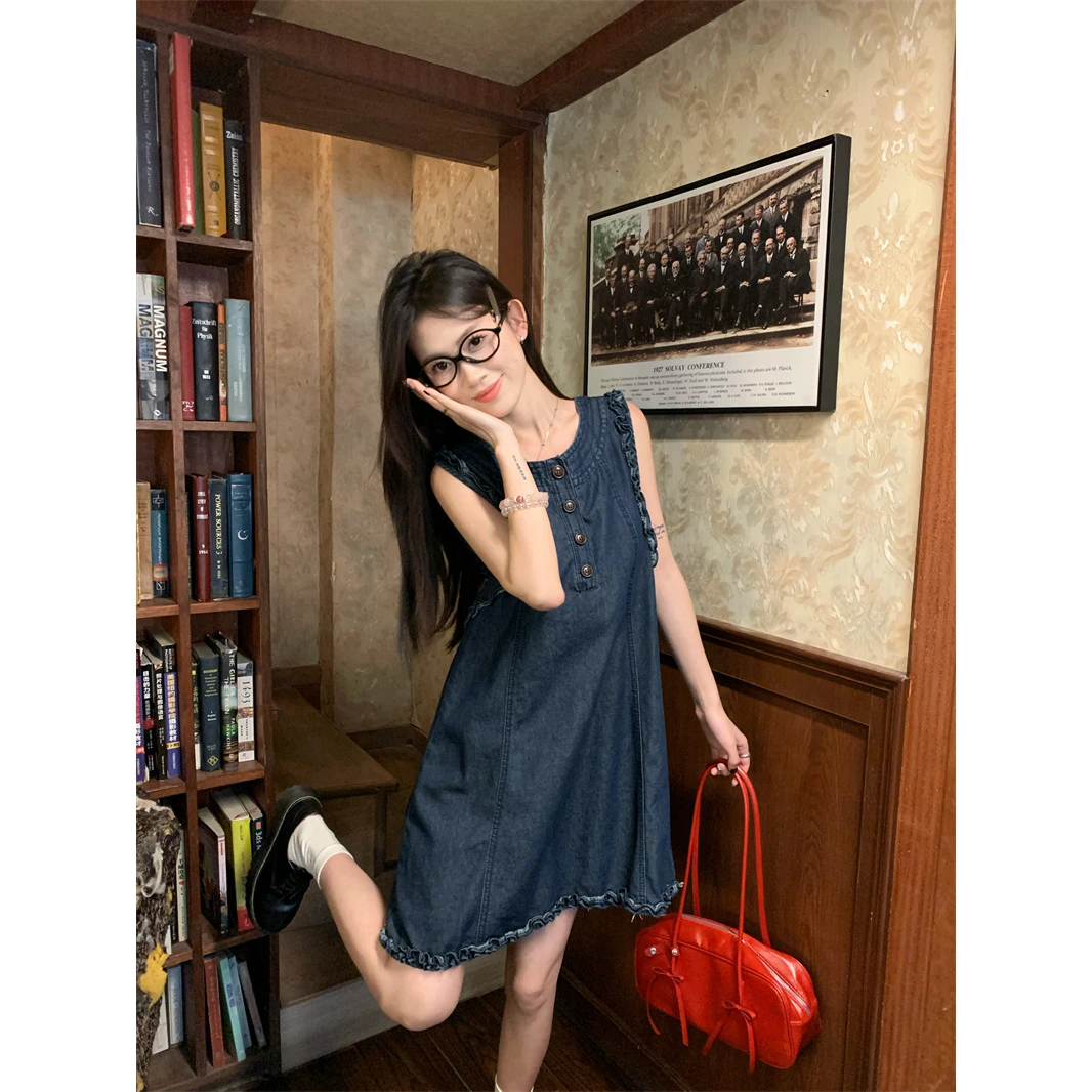 韩版气质木耳边牛仔无袖连衣裙女纯欲风收腰显瘦时尚百搭休闲裙子