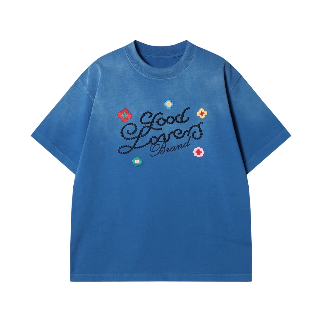 夏季高级感新款美式刺绣字母花朵圆领短袖T恤百搭情侣设计感上衣