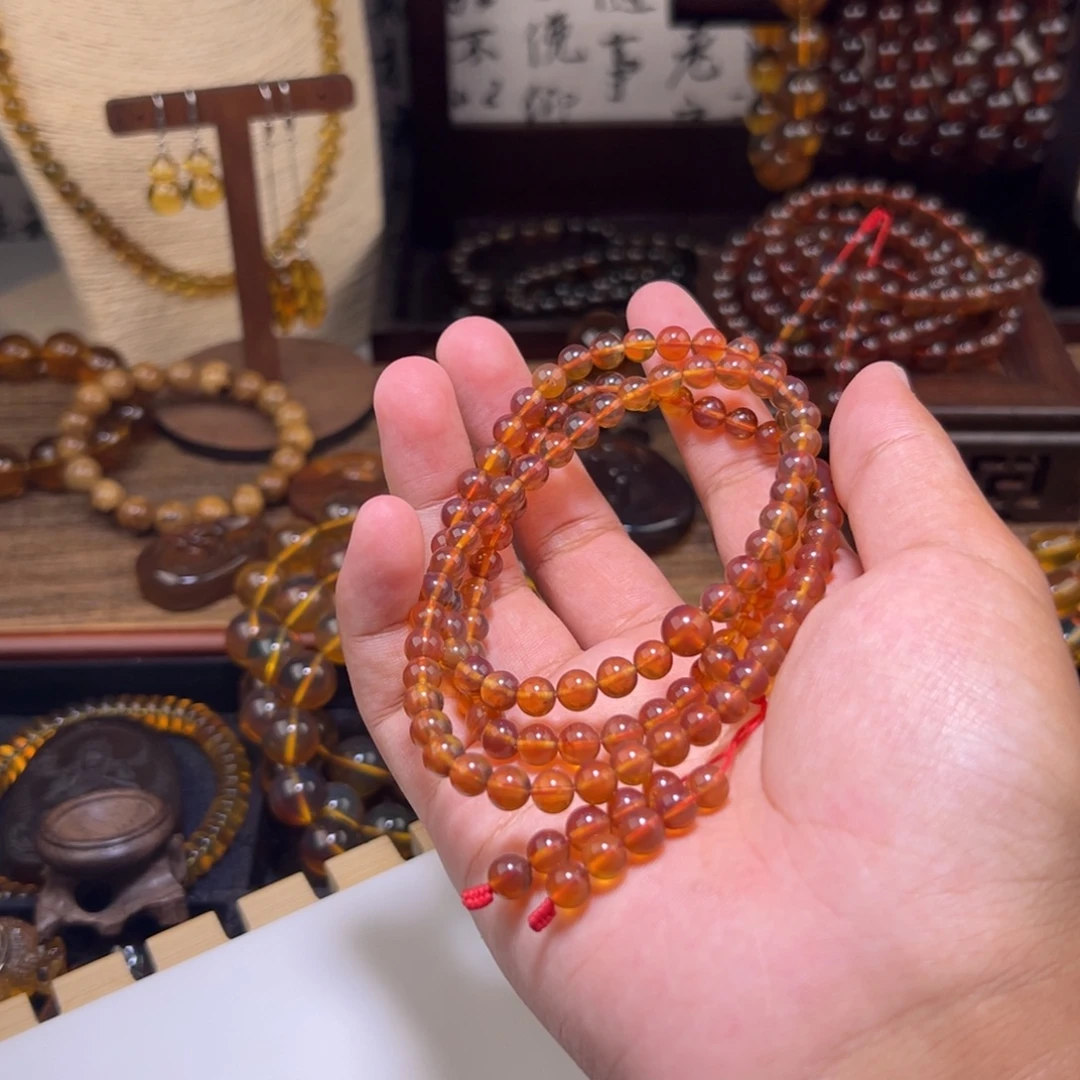 琥珀未镶嵌颈饰6mm金棕红108