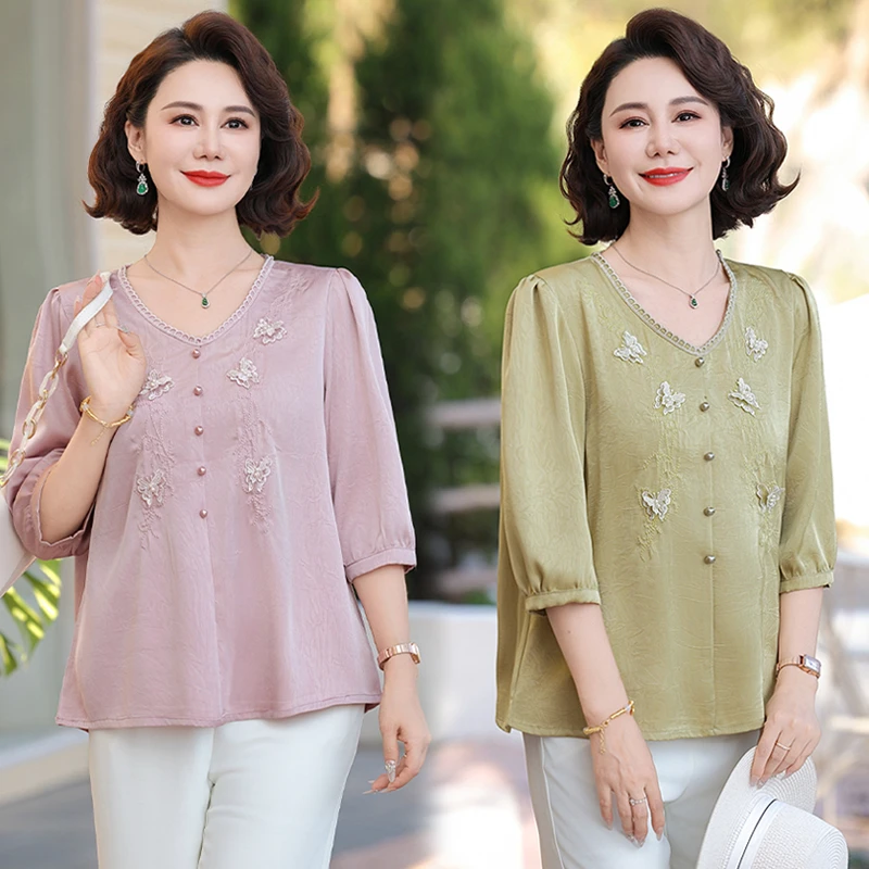 妈妈夏装套装2025新款雪纺小衫洋气短袖t恤中老年女装时尚上衣服