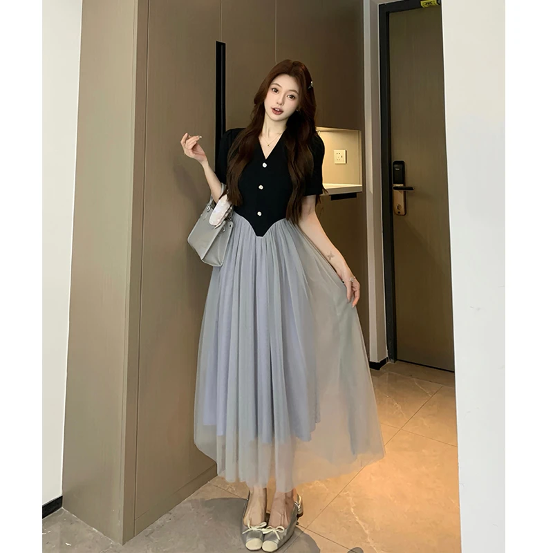 大码【温柔期许】赫本风灵动飘纱收腰显瘦拼接连衣裙胖MM女显瘦长裙