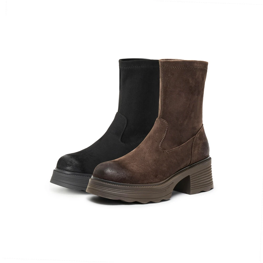 【诗语专属】百丽复古神靴女25冬新流光风粗跟增高弹力靴E5G2DDZ5