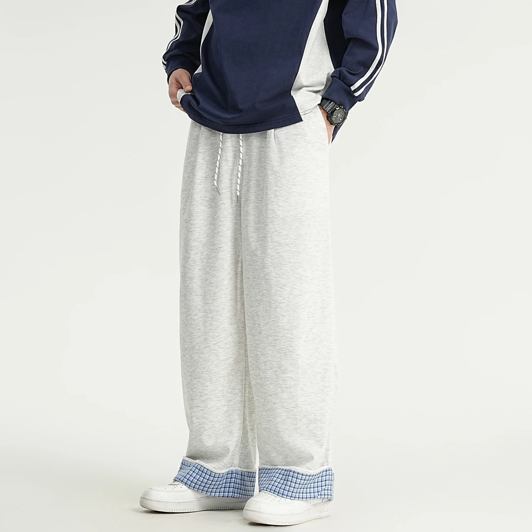 ZMOH慵懒风潮流垂感直筒休闲裤男女款春秋格子拼接翻边阔腿裤子