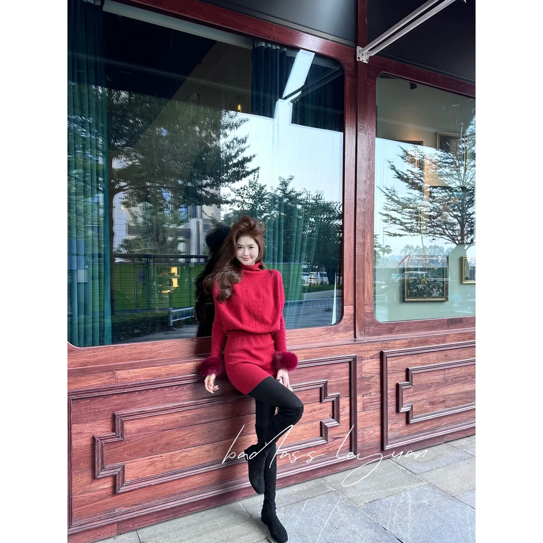 【汉南洞美人】LEYUAN·半高领带袖套针织连衣裙女气质收腰包臀裙子