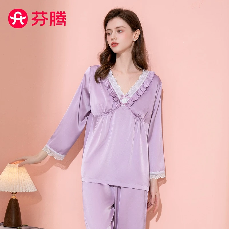 芬腾睡衣女士2025年春季新品仿丝九分袖V领可外穿女家居服套装