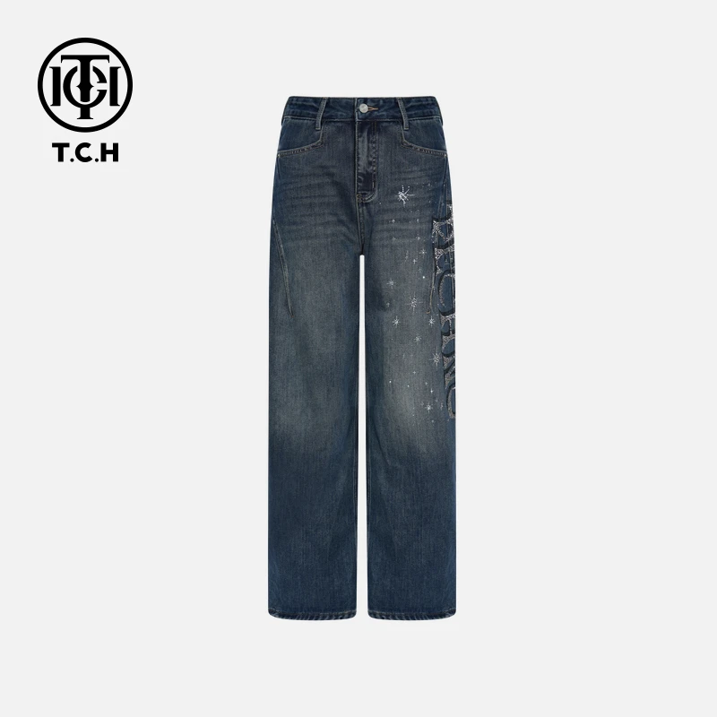 TCH【直筒牛仔】冬款百搭时尚烫钻休闲风女装直筒牛仔裤T75D20E1006