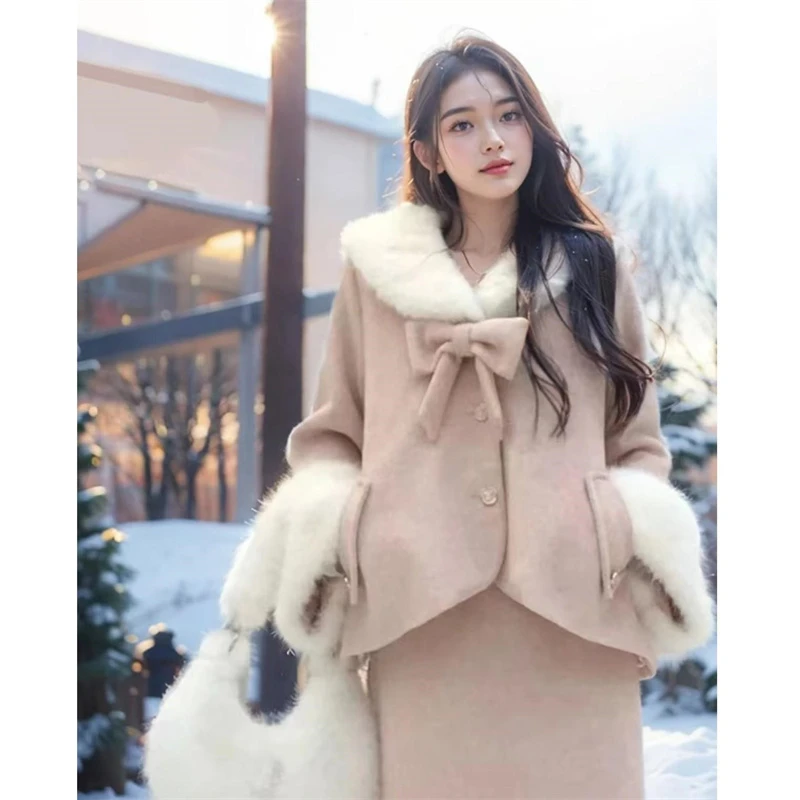 C-0192大码冬季新款甜美毛毛拼接外套+半裙两件套装