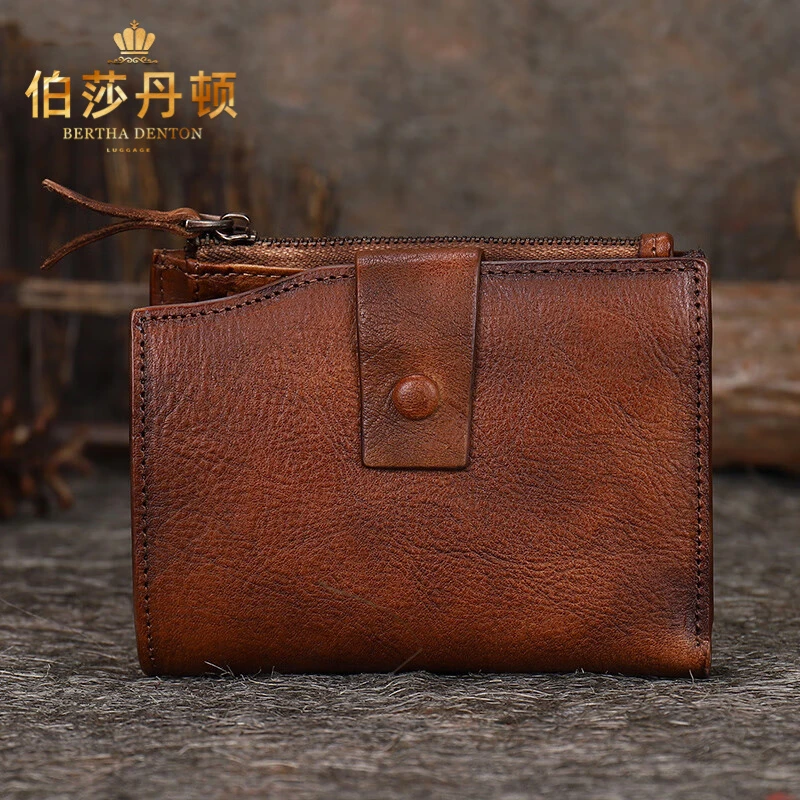伯莎丹顿品牌高档男士钱包真皮复古牛皮短款拉链钱夹包时尚潮流