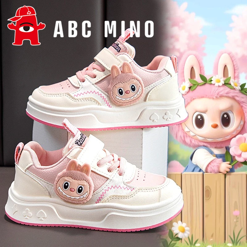ABC MINO童鞋女童秋季2025新款儿童皮面运动小白鞋女孩拉布布板鞋