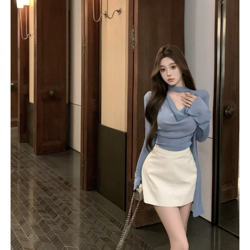 气质御姐轻熟感长袖衬衫秋冬2025新款杏白色高腰包臀皮裙两件套女