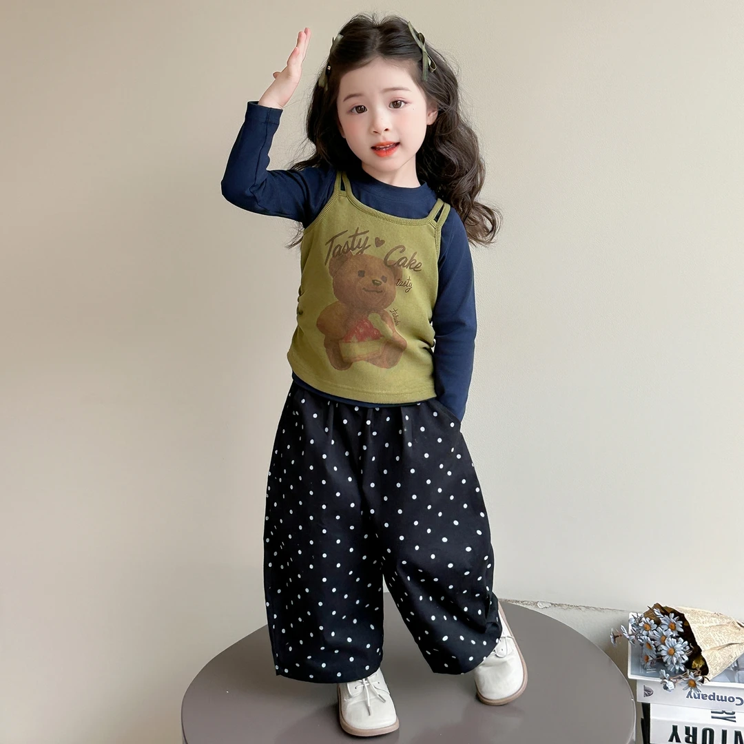 韩版女童春秋套装2025新款儿童时尚小女孩洋气小熊波点裤三件套潮