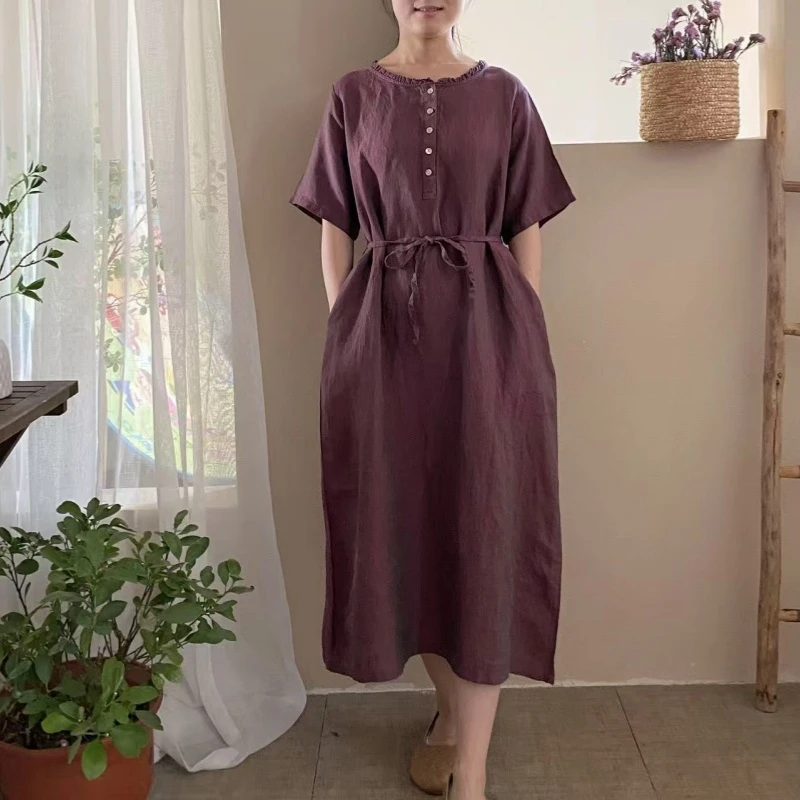 衣米苏荷【许厂长专属】【7063-4】女式色织带腰绳简约亚麻文艺连衣裙