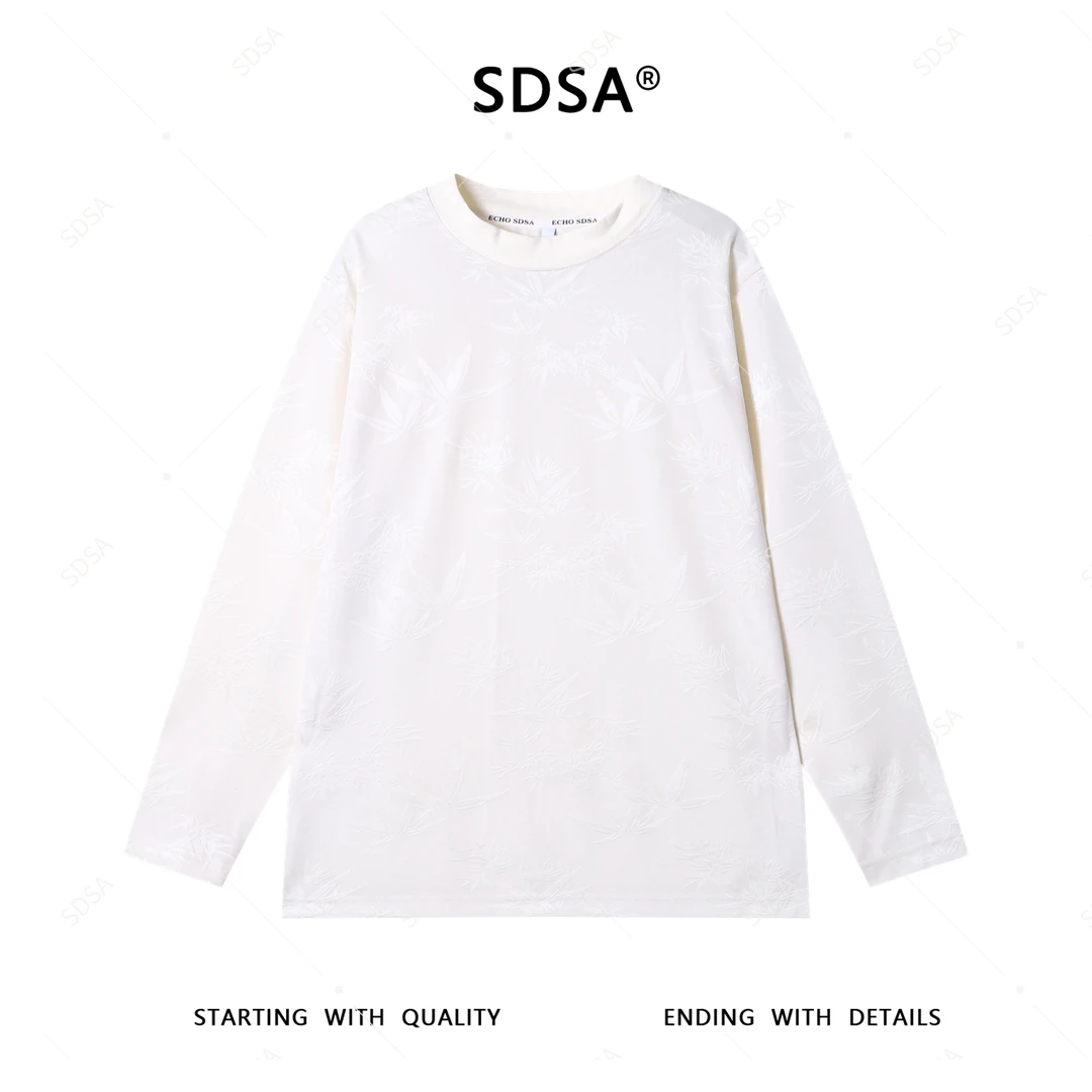 SDSA秋季新款男士痞帅潮牌简约提花树叶圆领长袖T恤百搭时尚上衣