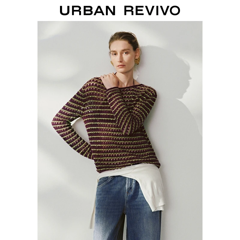 UR2026春季新款女装休闲撞色镂空肌理长袖针织衫UWH950088