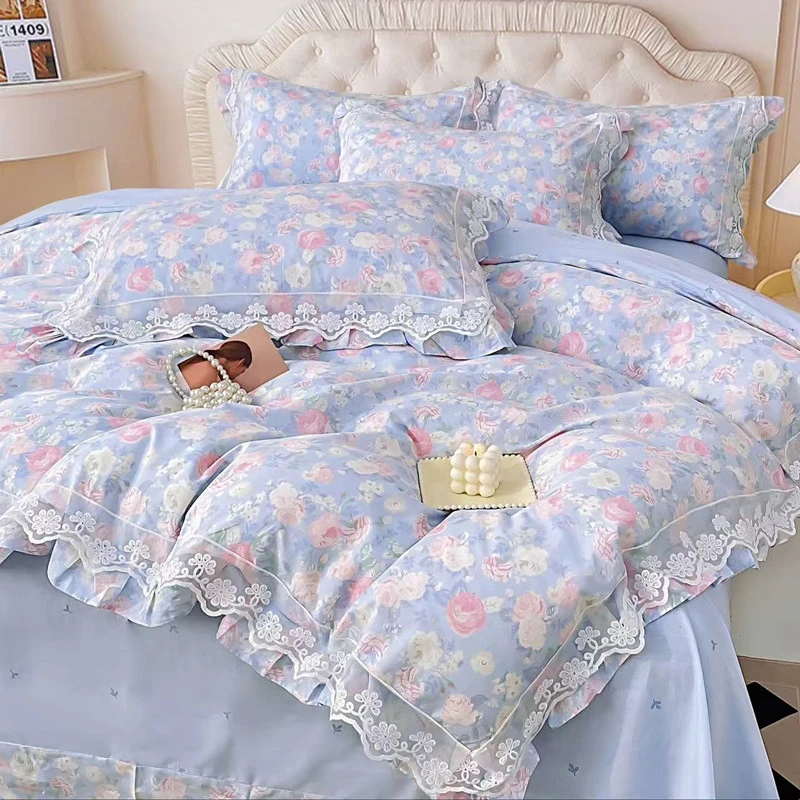 四件套纯棉100%全棉百分百裙边床单蕾丝被套双人床上用品床笠4