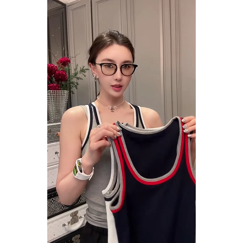 欧洲站小众设计感拼色吊带背心女早秋新款流行时尚内搭打底衫上衣