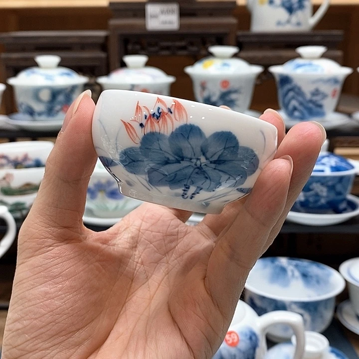 m***k手绘荷花杯子65cc釉下彩微瑕福利款