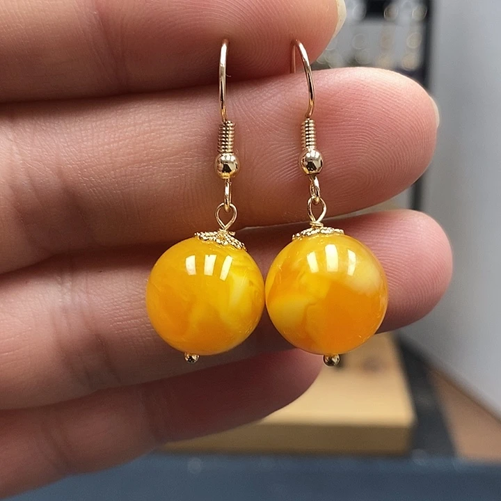 蜜蜡银S925镀金镶嵌耳饰尺寸14mm