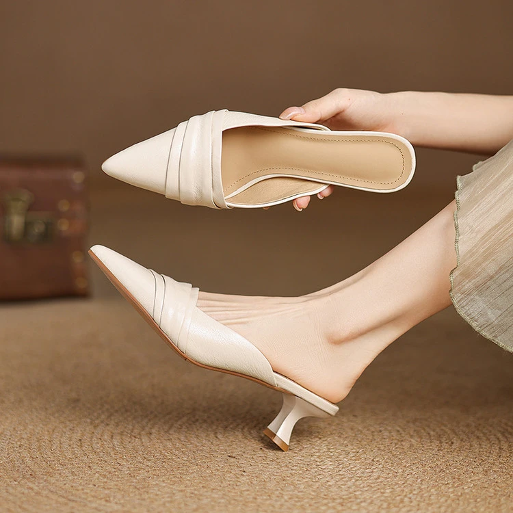 法式尖头高跟凉拖细跟包头凉拖时尚尖头包头凉鞋半拖高跟鞋秋冬