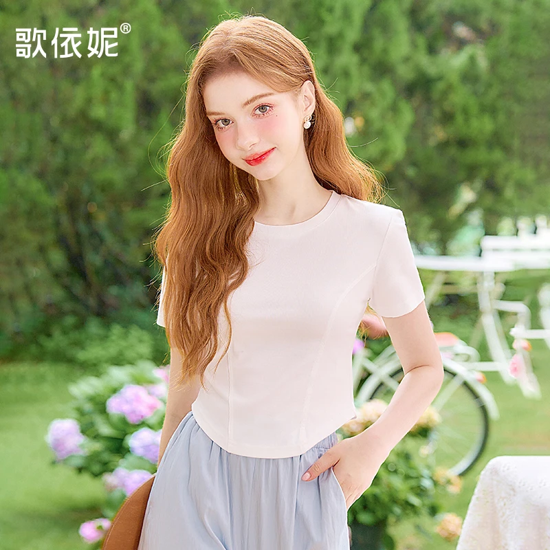 歌依妮夏季新款女甜美白色短款修身显瘦纯欲正肩短袖T恤上衣体恤
